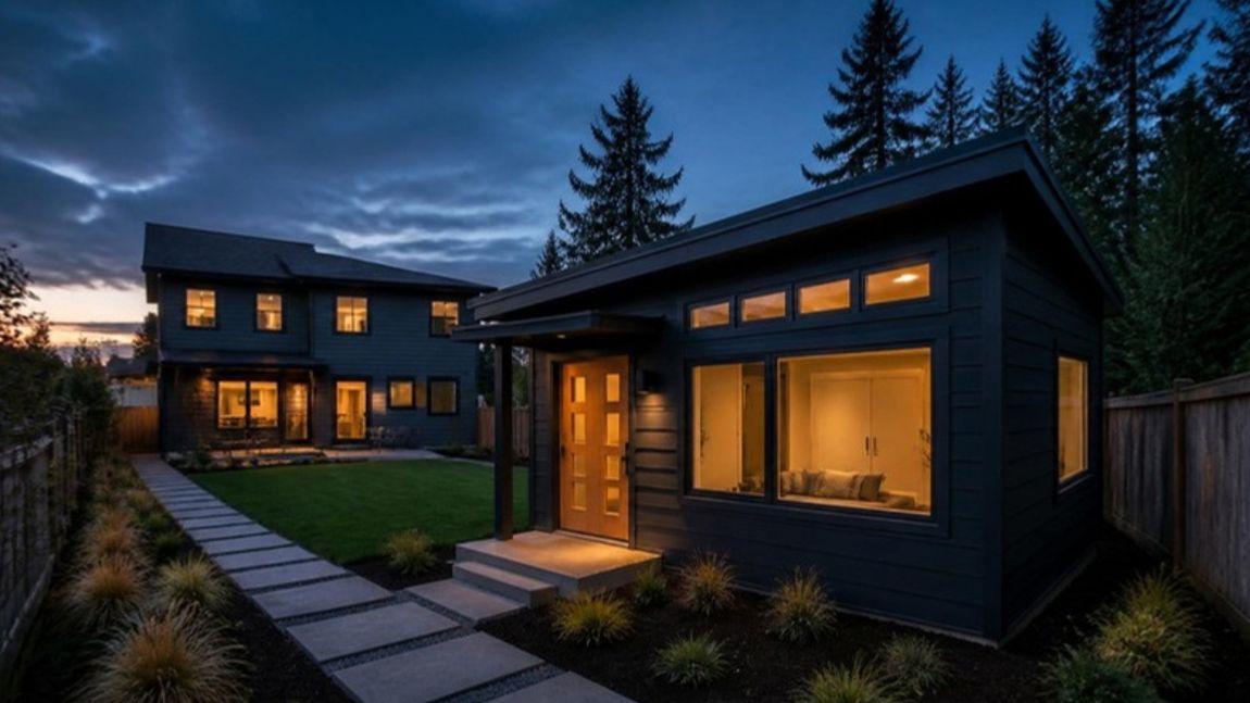 A finished backyard home with lights on at dusk, beside the main house